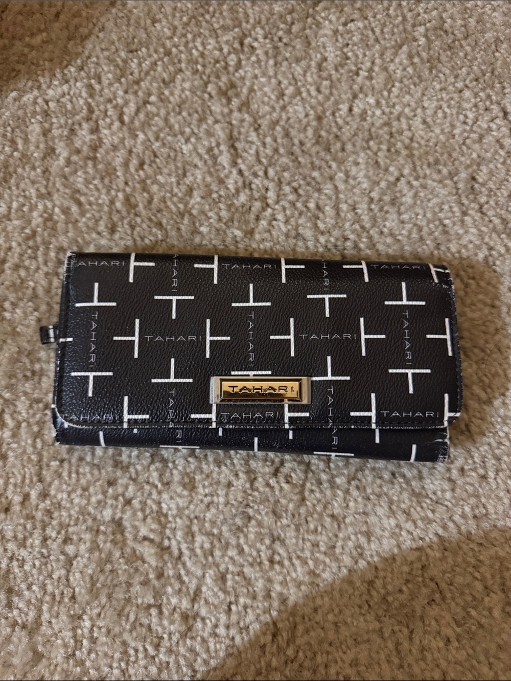 Tahari Black and White Logo Print Wallet with Gold Plaque